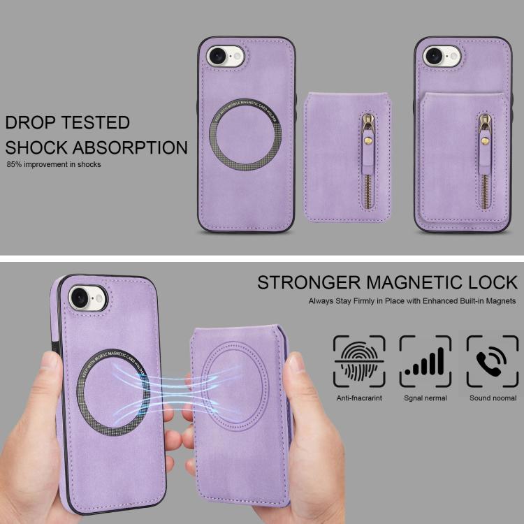 For iPhone 16e Zipper Wallet Split MagSafe Leather Back Phone Case(Purple) by bashfashion