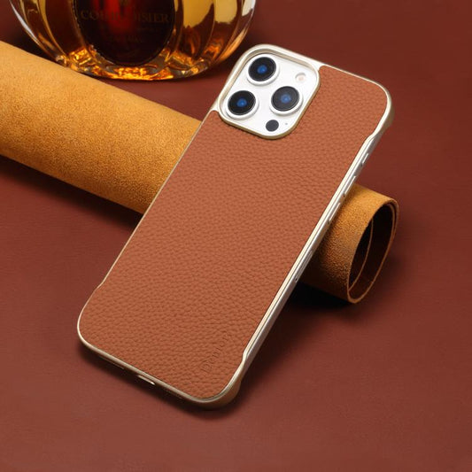 For iPhone 16 Pro Max Denior A20 Genuine Leather Litchi Texture MagSafe Frameless Phone Case(Brown) by Denior