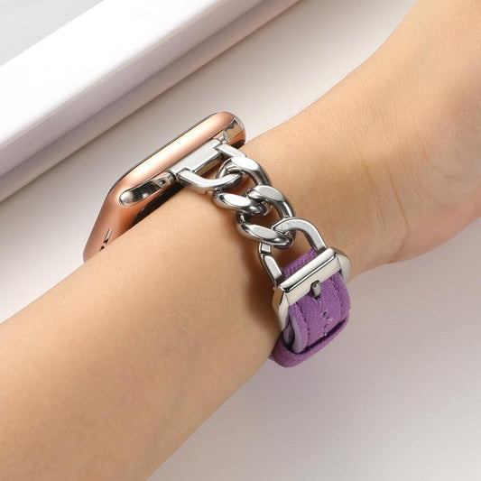 For Apple Watch 42mm / 41mm / 40mm / 38mm Metal Chain Leather Denim Watch Band(Purple) by bashfashion