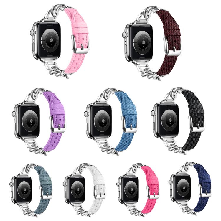 For Apple Watch 42mm / 41mm / 40mm / 38mm Metal Chain Leather Denim Watch Band(Pink) by bashfashion