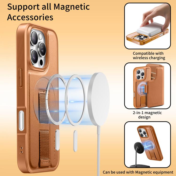 For iPhone 16 CaseNeo Finger Grip Strap MagSafe Leather Phone Case(Brown) by CaseNeo