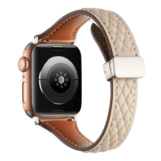 For Apple Watch 46mm / 49mm / 45mm / 44mm Kalebol Diamond Pattern Magnetic Buckle Leather Strap(Apricot) by Kalebol