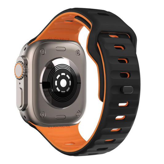 For Apple Watch 46mm / 49mm / 45mm / 44mm Kalebol Wave Reverse Buckle Two-color Silicone Strap(Black Orange) by Kalebol