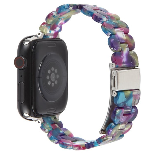 For Apple Watch 42mm / 41mm / 40mm / 38mm Oval Resin Watch Band(Purple Green Flower) by bashfashion