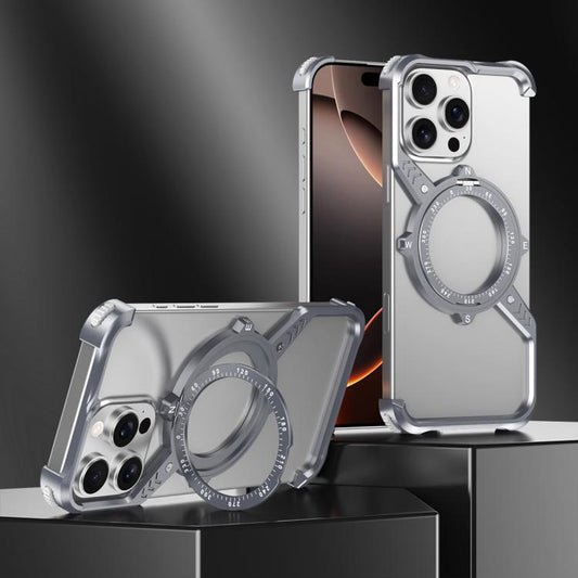 For iPhone 15 Pro S Shaped 360 Holder Airbag Frameless MagSafe Metal Phone Case(Space Gray) by bashfashion