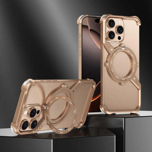 For iPhone 15 S Shaped 360 Holder Airbag Frameless MagSafe Metal Phone Case(Desert Gold) by bashfashion