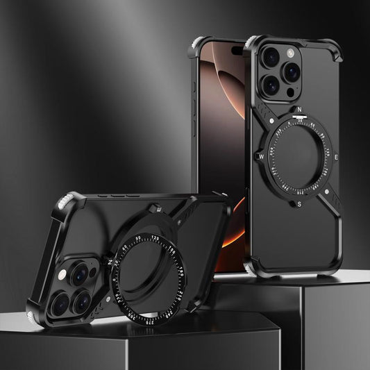 For iPhone 14 Pro S Shaped 360 Holder Airbag Frameless MagSafe Metal Phone Case(Black) by bashfashion