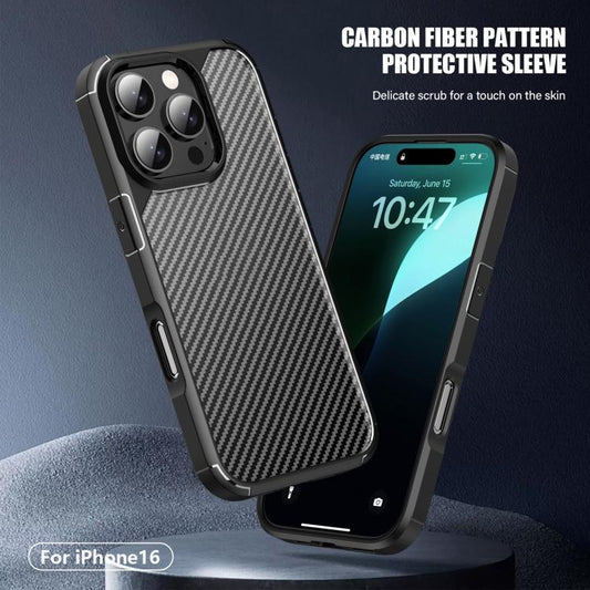 For iPhone 16 iPAKY Pioneer Series Carbon Fiber PC+TPU Phone Case(Black) by iPAKY