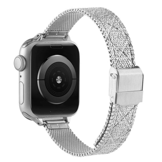 For Apple Watch 46mm / 49mm / 45mm / 44mm Milanese Embossed Metal Watch Band(Silver Rhombus) by bashfashion