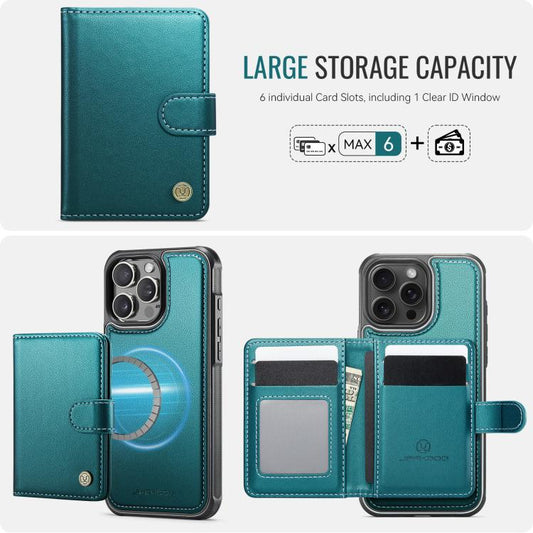 For iPhone 16 Pro JEEHOOD J09 Buckle Card Bag MagSafe Magnetic Style RFID Leather Phone Case(Green) by JEEHOOD