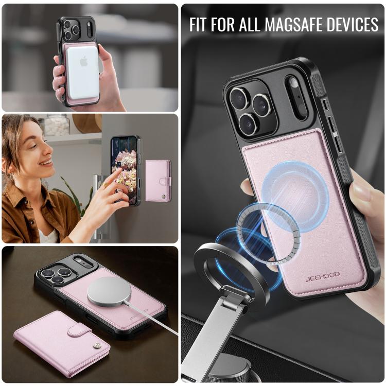 For iPhone 17 Pro Max JEEHOOD J09 Buckle Card Bag MagSafe Magnetic Style RFID Leather Phone Case(Pink) by JEEHOOD