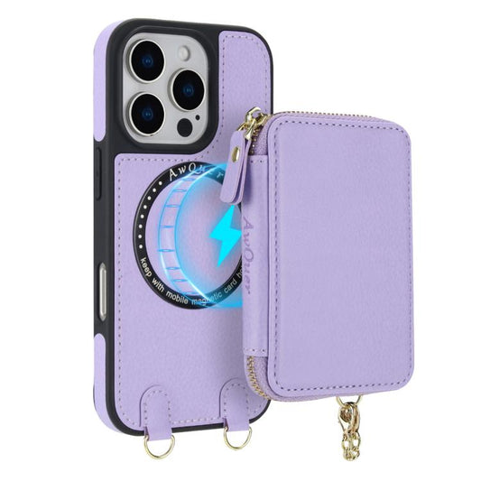 For iPhone 16 AwQuer 2 in 1 Crossbody Wallet Leather Back Phone Case(Light Purple) by Awquer
