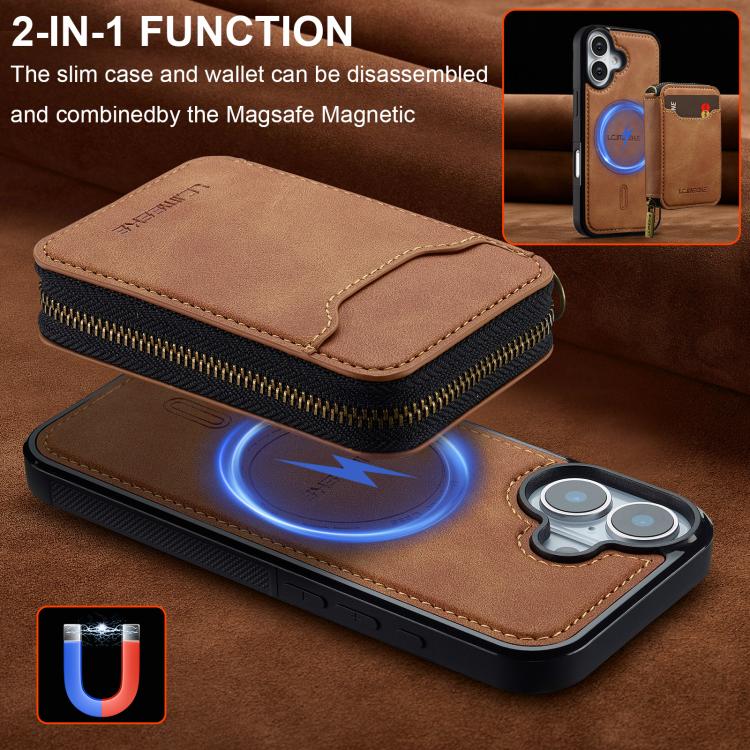 For iPhone 17 LC.IMEEKE L6 Series Zipper Card Bag MagSafe Magnetic Phone Case(Brown) by LC.IMEEKE