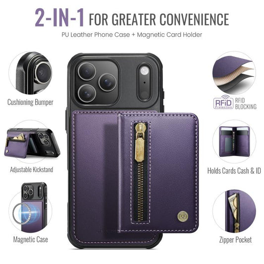 For iPhone 17 Pro Max JEEHOOD J12 Exquisite RFID MagSafe Zipper Card Bag Phone Case(Purple) by JEEHOOD