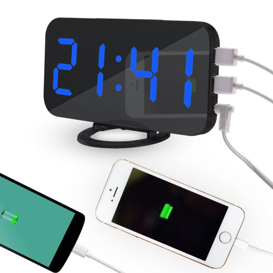 Multifunction Creative Mirror Reflective LED Display Alarm Clock with Snooze Function & 2 USB Charge Port(Blue) by bashfashion