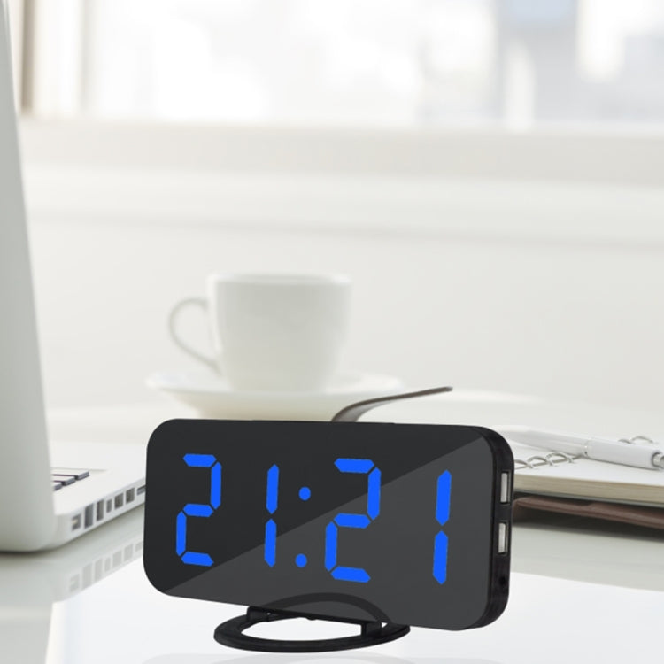 Multifunction Creative Mirror Reflective LED Display Alarm Clock with Snooze Function & 2 USB Charge Port(Blue) by bashfashion