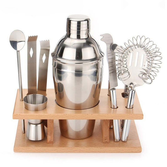 9 in 1 Stainless Steel Cocktail Shaker Tools Set with Wooden Mount, Capacity: 550ml by bashfashion