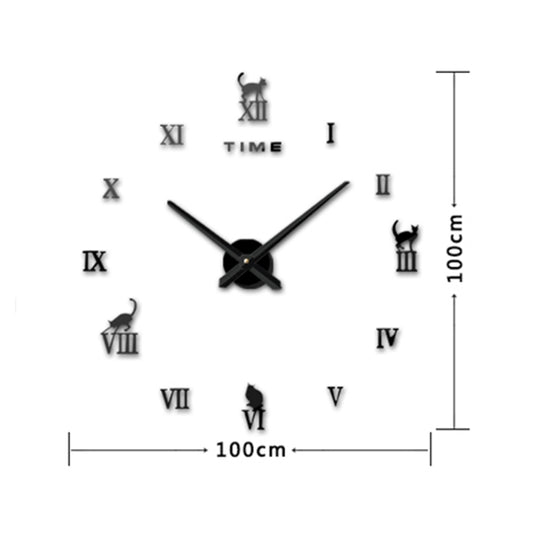 Home Office Decor Frameless Cat Shape Large Size DIY 3D Mirror Surface Wall Stickers Mute Clock, Size: 100*100cm(Black) by bashfashion