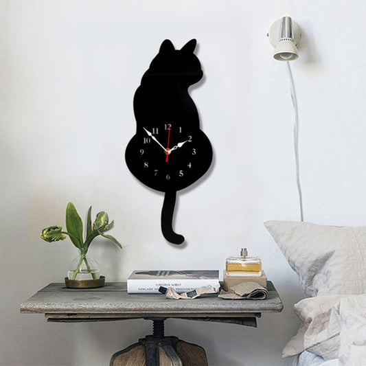 42x18cm Home Office Bedroom Decoration Battery Operated Cat Shaped Wall Clock with Swinging Tails(Black) by bashfashion