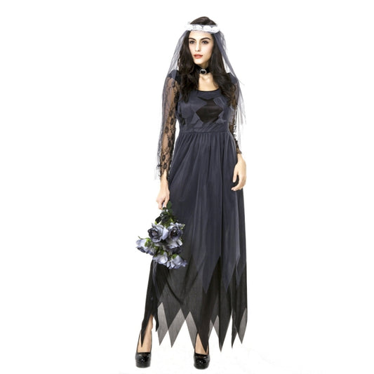 Halloween Costume Women Lace Chiffon Black Dress Ghost Bride Clothes Cosplay Game Uniforms, Size: L, Bust: 80cm, Waistline:72cm, Clothes Long:143cm by bashfashion