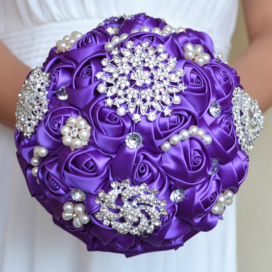 Wedding Holding Pearl Diamond Flowers Bridal Bouquet Accessories Bridesmaid Rhinestone Party Wedding Decoration Supplies, Diameter: 20cm(Purple) by bashfashion