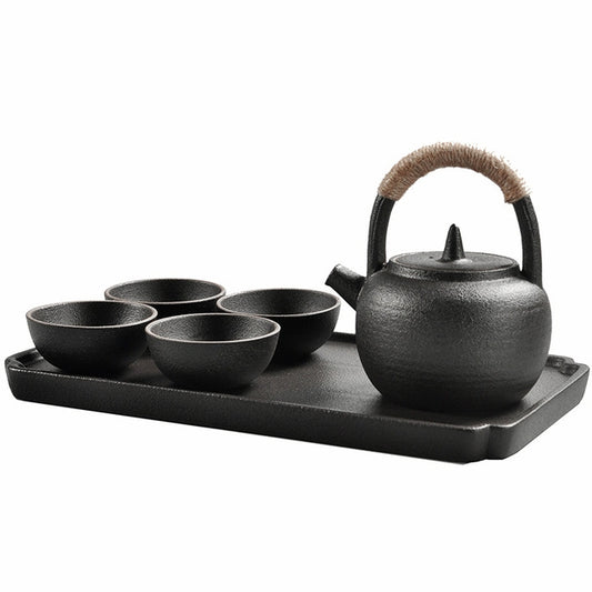 Portable Travel Ceramics Loop Handle Pot Teapot Teacup Set with Tea Tray(Black) by bashfashion