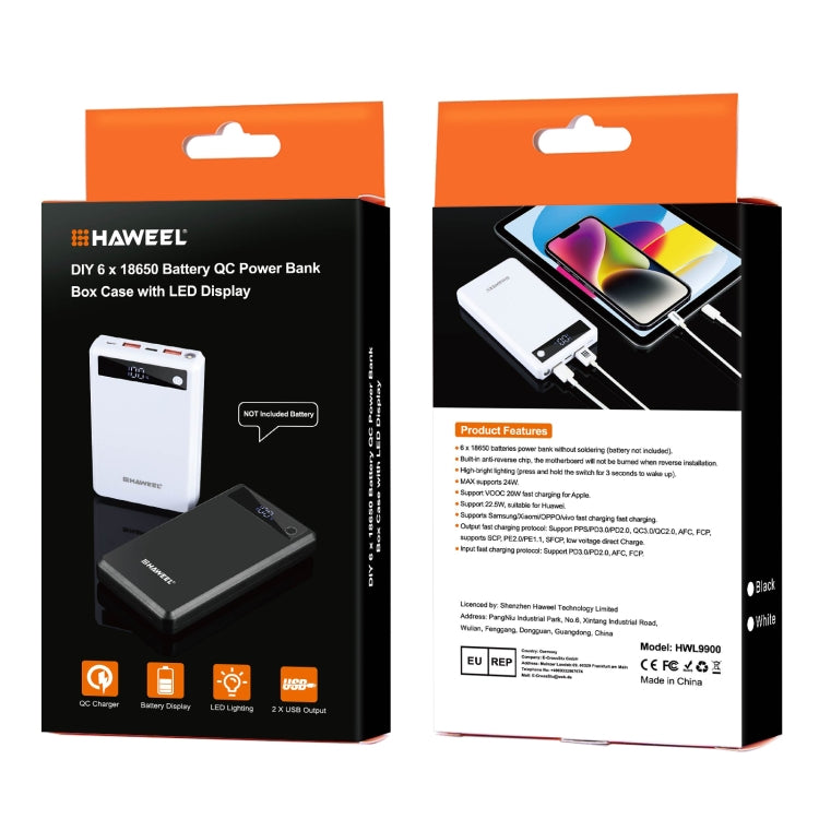 HAWEEL DIY 6 x 18650 Battery 24W Fast Charge Power Bank Box Case with Display, Not Include Battery (White) by HAWEEL