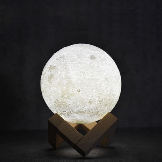 8cm Touch Control 3D Print Moon Lamp, USB Charging White + Yellow Light Color Changing LED Energy-saving Night Light with Wooden Holder Base by bashfashion