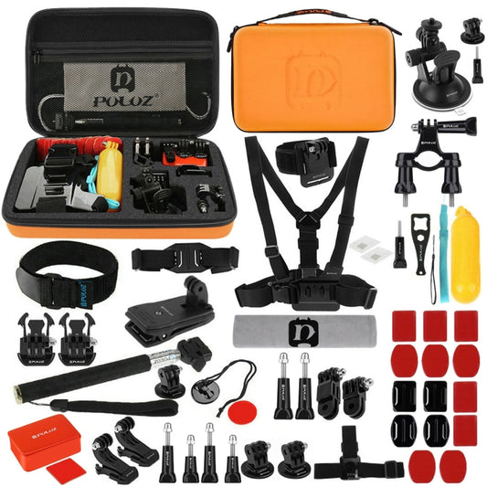 PULUZ 53 in 1 Accessories Total Ultimate Combo Kits with Orange EVA Case (Chest Strap + Suction Cup Mount + 3-Way Pivot Arms + J-Hook Buckle + Wrist Strap + Helmet Strap + Extendable Monopod + Surface ... for GoPro, Insta360, DJI and Other Action Cameras by PULUZ