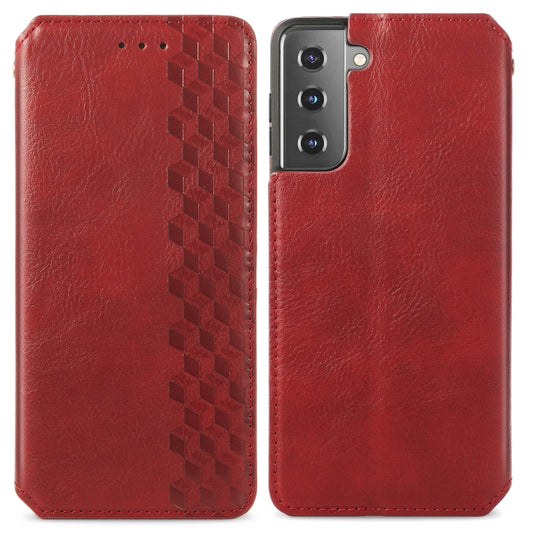 For Samsung Galaxy S21 5G Cubic Grid Pressed Horizontal Flip Magnetic PU Leather Case with Holder & Card Slots & Wallet(Red) by bashfashion
