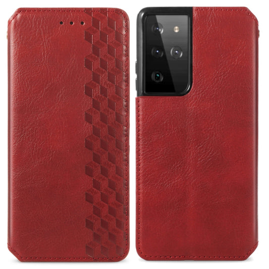 For Samsung Galaxy S21 Ultra 5G Cubic Grid Pressed Horizontal Flip Magnetic PU Leather Case with Holder & Card Slots & Wallet(Red) by bashfashion