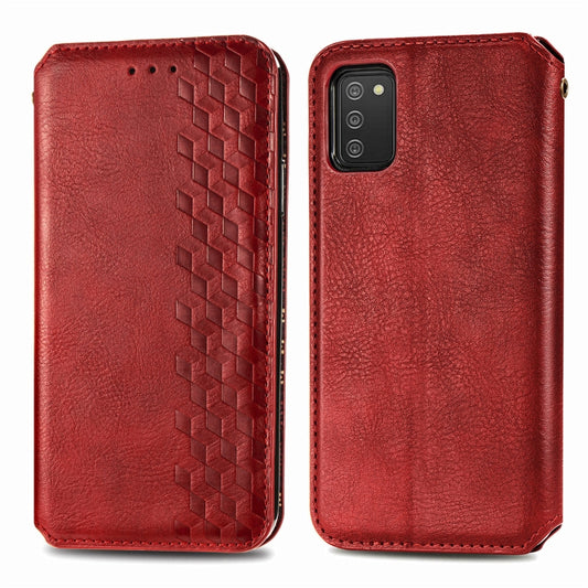 For Samsung Galaxy A02s(US Edition) Cubic Grid Pressed Horizontal Flip Magnetic PU Leather Case with Holder & Card Slots & Wallet(Red) by bashfashion