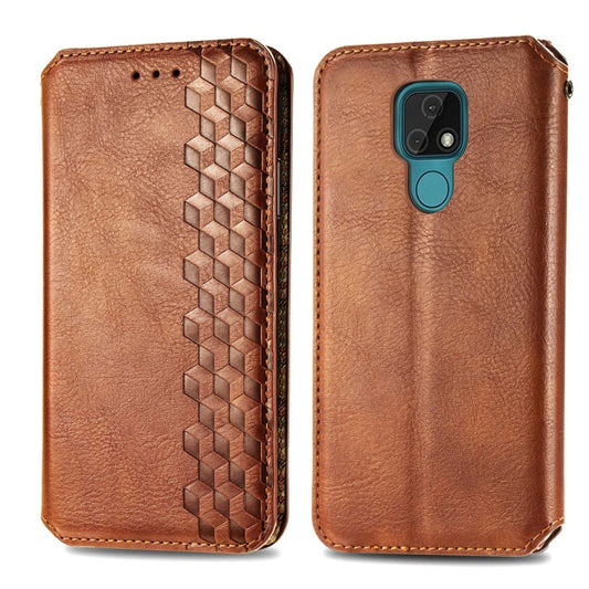 For Motorola MOTO E7 Cubic Grid Pressed Horizontal Flip Magnetic PU Leather Case with Holder & Card Slots & Wallet(Brown) by bashfashion