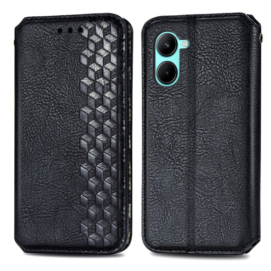 For Realme C33 Cubic Grid Pressed Magnetic Leather Phone Case(Black) by bashfashion