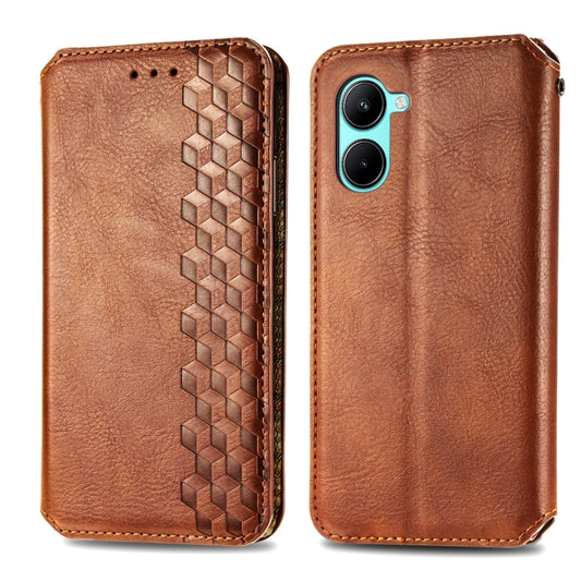 For Realme C33 Cubic Grid Pressed Magnetic Leather Phone Case(Brown) by bashfashion