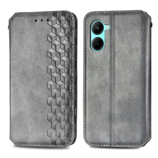 For Realme C33 Cubic Grid Pressed Magnetic Leather Phone Case(Gray) by bashfashion