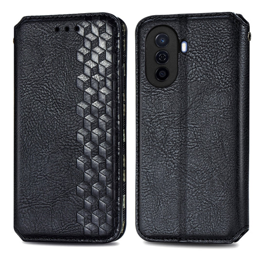 For Huawei Nova Y70 Cubic Grid Pressed Magnetic Leather Phone Case(Black) by bashfashion