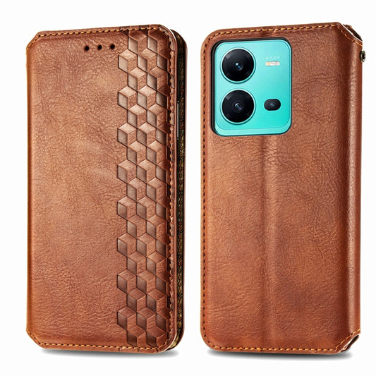 For vivo V25 Cubic Grid Pressed Magnetic Leather Phone Case(Brown) by bashfashion