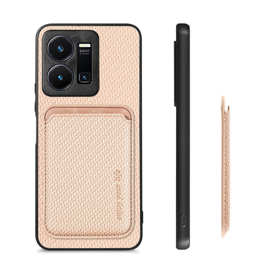 For vivo Y35 Carbon Fiber Leather Card Magsafe Case(Khaki) by bashfashion