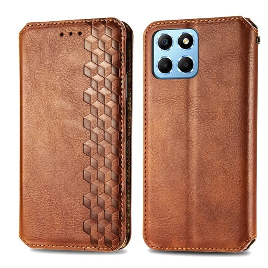 For Honor X8 5G Cubic Grid Pressed Magnetic Leather Phone Case(Brown) by bashfashion