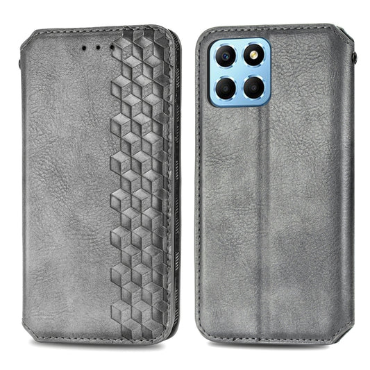For Honor X8 5G Cubic Grid Pressed Magnetic Leather Phone Case(Gray) by bashfashion