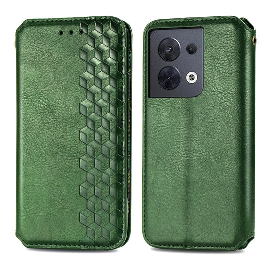 For OPPO Reno8 Cubic Grid Pressed Magnetic Leather Phone Case(Green) by bashfashion