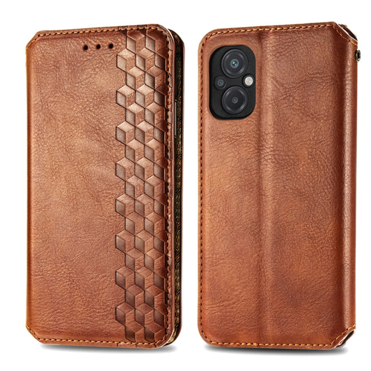 For Xiaomi Poco M5 Cubic Grid Pressed Magnetic Leather Phone Case(Brown) by bashfashion