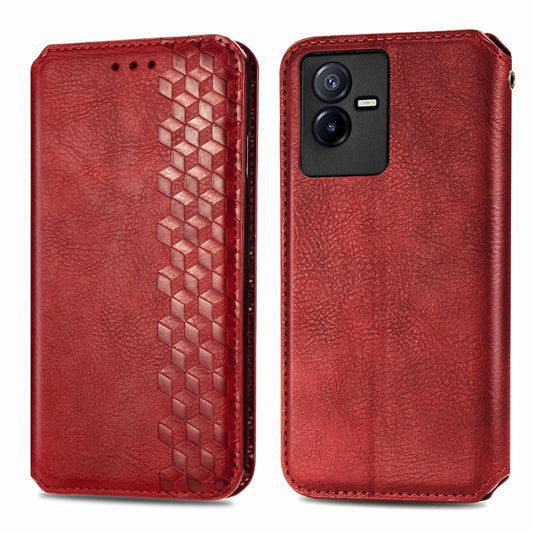 For vivo T2X 5G Cubic Grid Pressed Magnetic Leather Phone Case(Red) by bashfashion