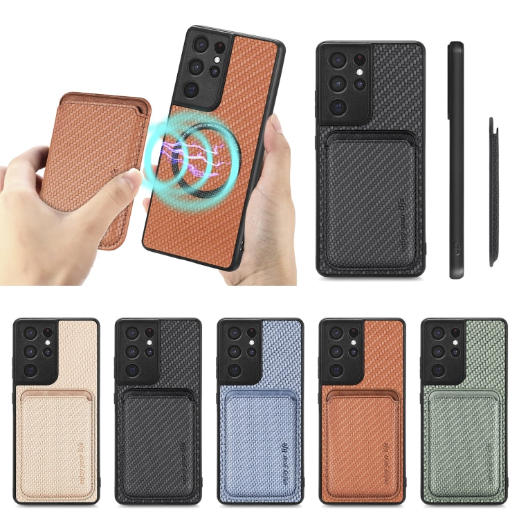 For Samsung Galaxy S21 Ultra 5G Carbon Fiber Leather Card Magsafe Magnetic Phone Case(Black) by bashfashion