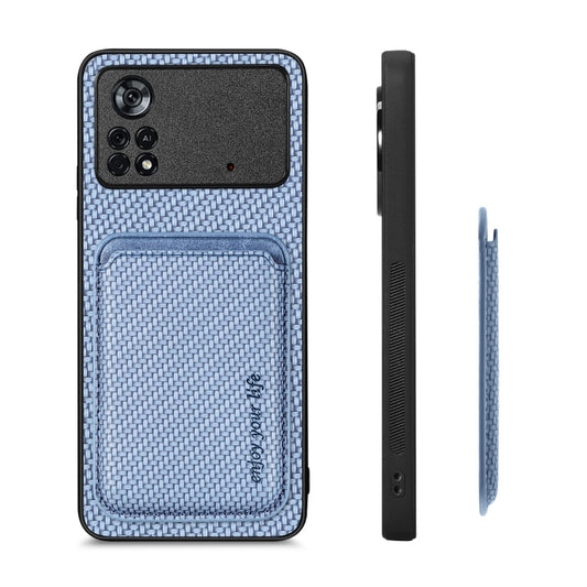 For Xiaomi Poco X4 Pro 5G Carbon Fiber Leather Card Magsafe Magnetic Phone Case(Blue) by bashfashion