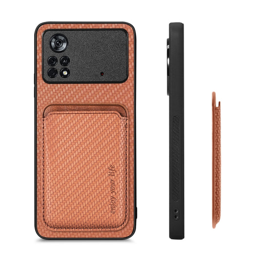 For Xiaomi Poco X4 Pro 5G Carbon Fiber Leather Card Magsafe Magnetic Phone Case(Brown) by bashfashion