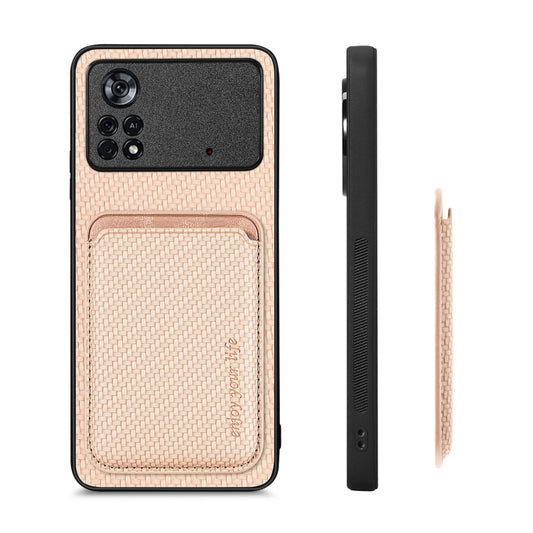 For Xiaomi Poco X4 Pro 5G Carbon Fiber Leather Card Magsafe Magnetic Phone Case(Khaki) by bashfashion