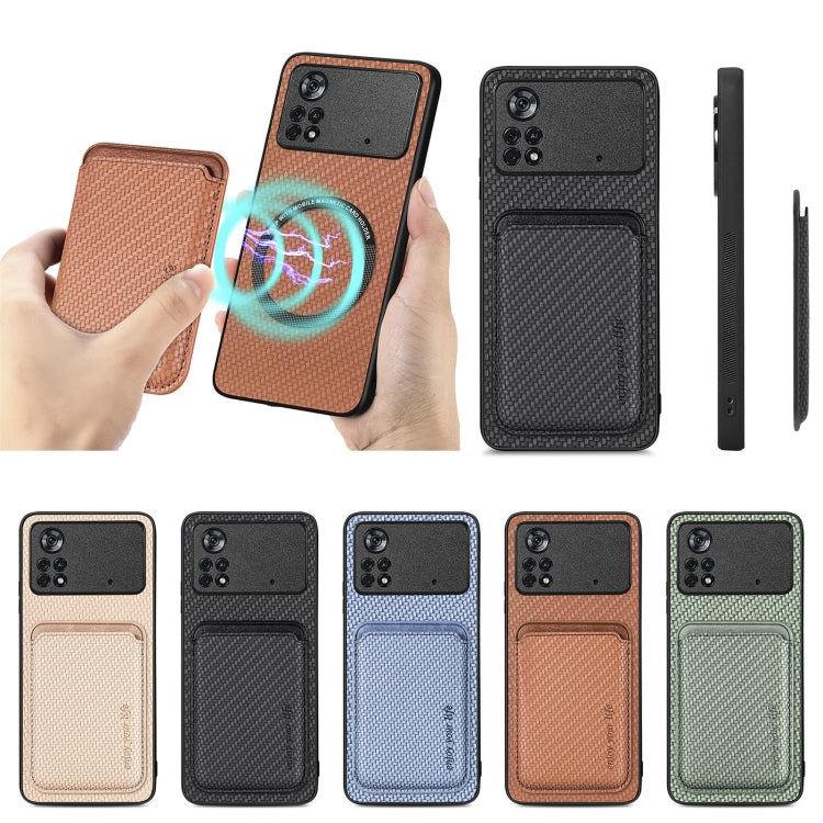 For Xiaomi Poco X4 Pro 5G Carbon Fiber Leather Card Magsafe Magnetic Phone Case(Khaki) by bashfashion