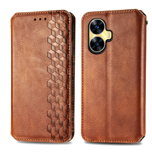 For Realme C55 Cubic Grid Pressed Magnetic Leather Phone Case(Brown) by bashfashion